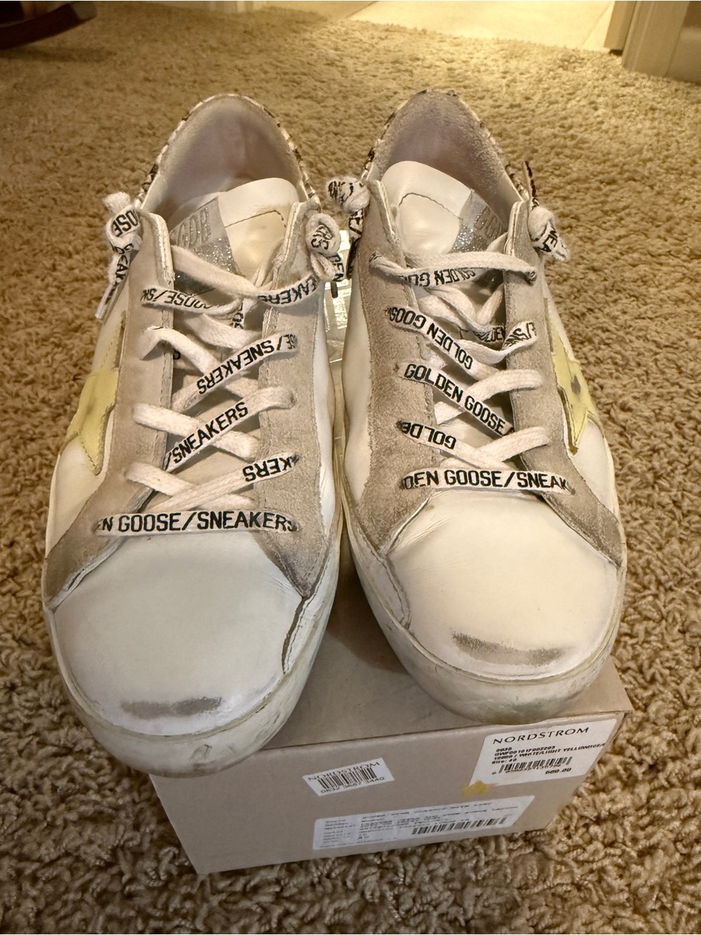 Golden Goose White Leather Sneakers with Yellow Star and Snake-Print Heel - Picture 2 of 8